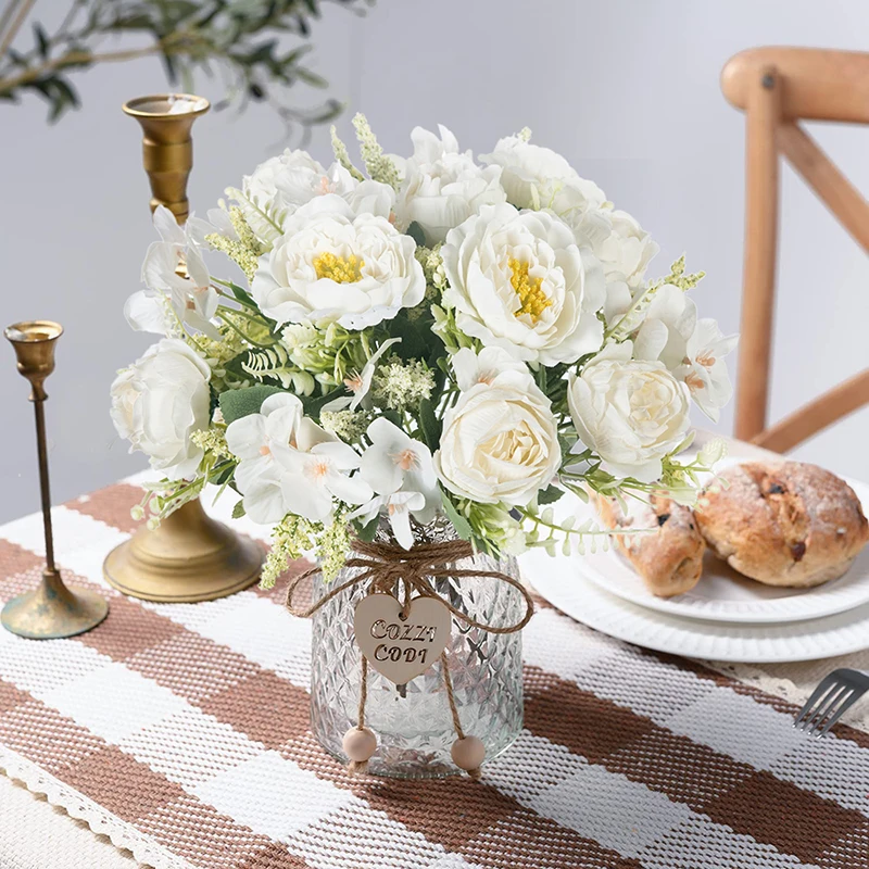 

5 Head White Silk Artificial Roses Wedding Home Decoration High Quality 28cm Bouquet Luxury Fake Flower Arrangement Bulk