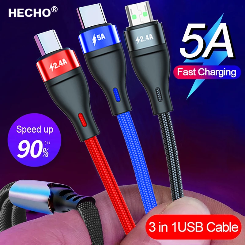 

5A Fast Charging 3 In 1 USB Cable Multi Quick Charger Micro USB Type C Cable For iPhone 14 13 12 11 Pro Max For Xiaomi Huawei