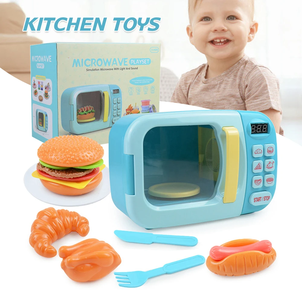 

Kids Kitchen Play Toys Set Electric Timing Microwave Learning Gifts for Boy Girl Automatic Rotation WIth LED Light & Sound AN88