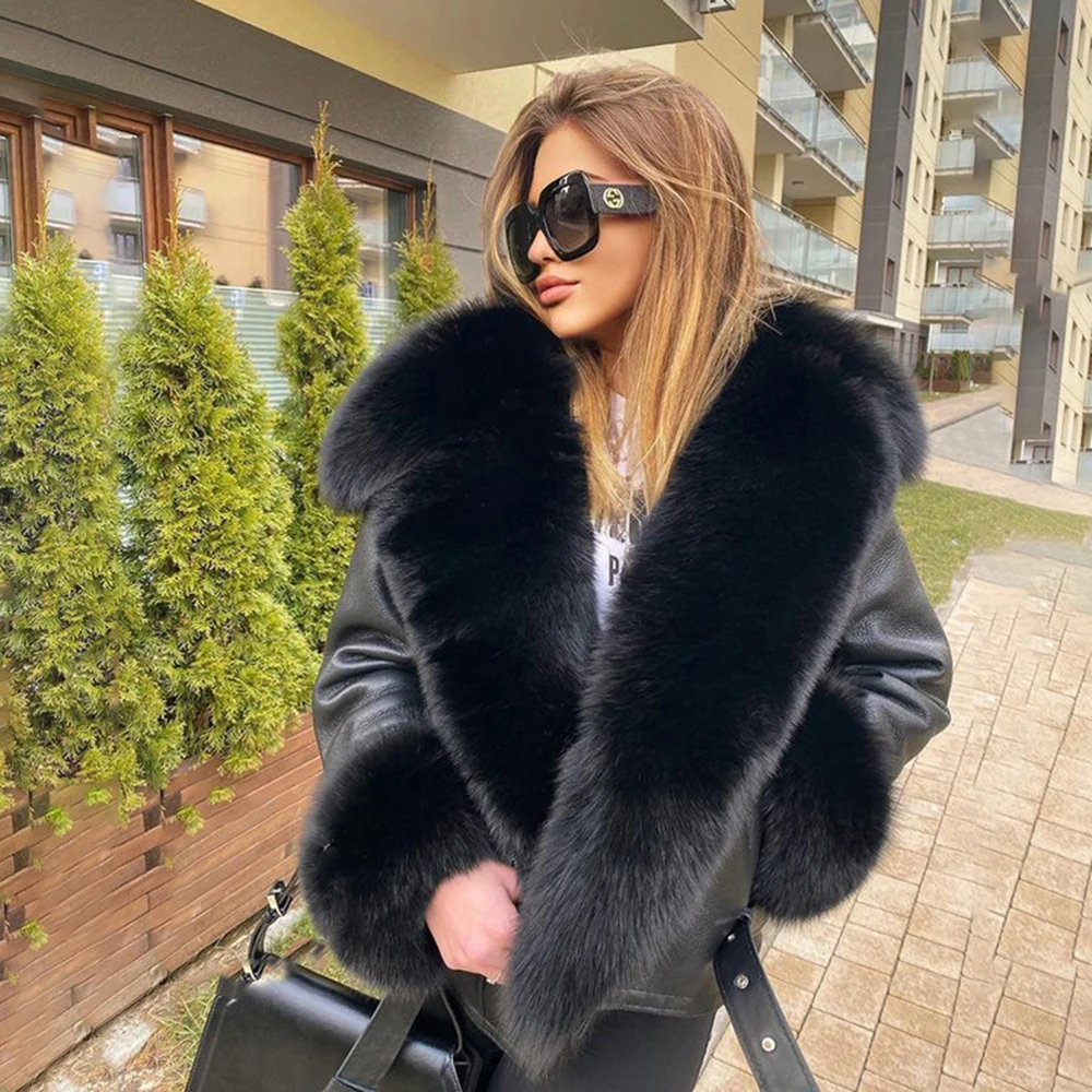 2023 Genuine Sheepskin Leather Jackets Women's Winter Shearling Coats Real Lamb Fur Lining Big Collar Natural Fox Outewear S8611