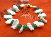 qingmo12 15mm natural freshwater biwa white pearl bracelet for women with 6mm round green jades bracelet 7 5 bra329