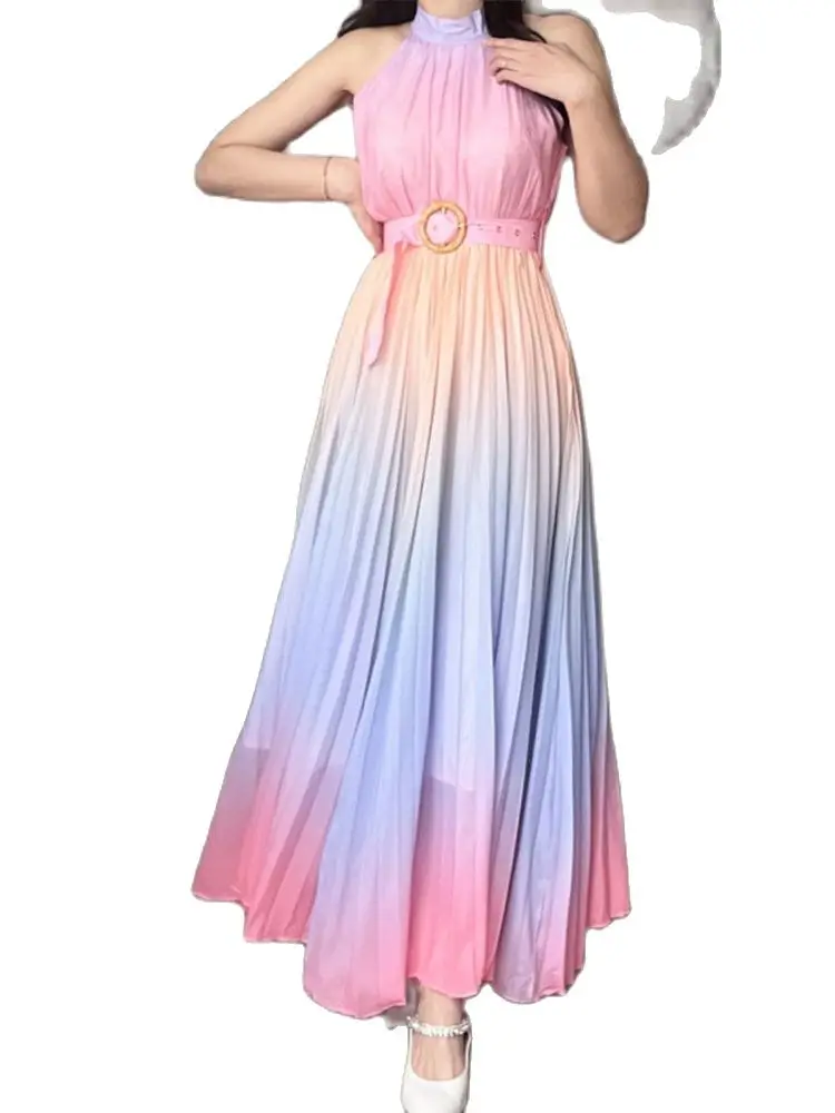 

Elegant Hanging Neck Off -The -Shoulder Lace -Up Slim Color Chiffon Dress 2022 Summer New Korean Fashion Women'S Clothing