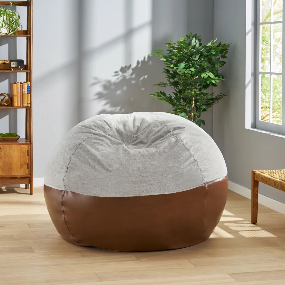 

Brenizer Fabric and Faux Leather 5 Foot Two Toned Bean Bag, Light Gray and Coffee Brown Furniture