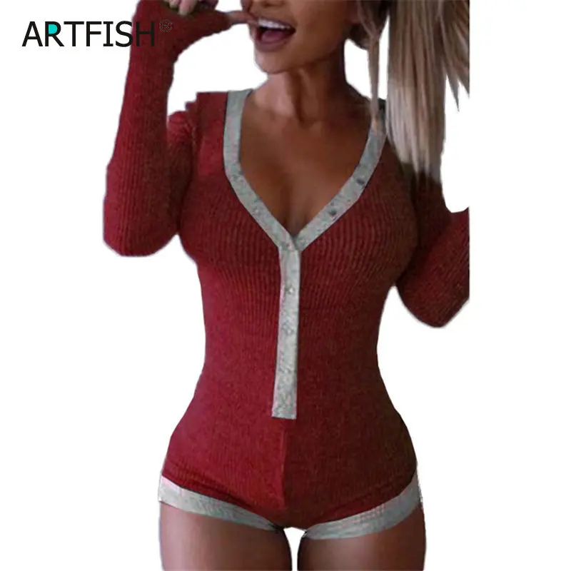 

Bodycon Women Rompers Sexy Bodysuit V Neck Long Sleeve Ribbed Kitted Buttons Short BodyMujer Top Cotton Button Up Casual M0598