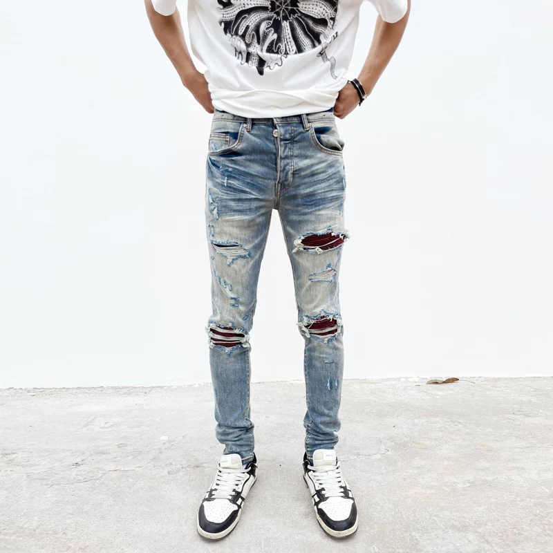 Street Fashion Men Jeans High Quality Retro Blue Elastic Stretch Skinny Ripped Jeans Men Patched Designer Hip Hop Brand Pants