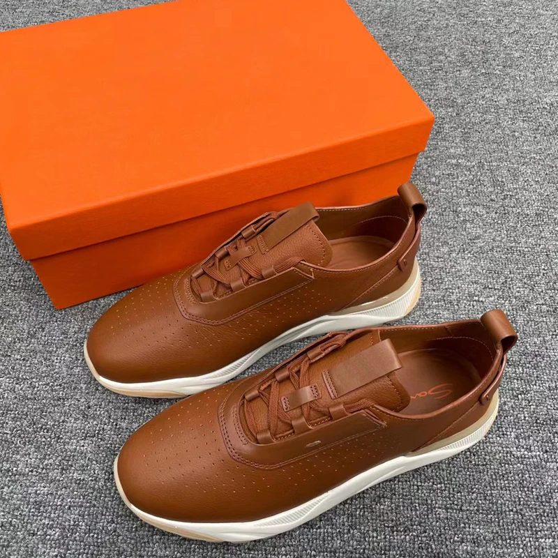 

Men's Brown Perforated-detail Lace-up Leather Sneakers Travel Shoes Wear-resistant Shoes Street Style Men's Sneaker Shoe