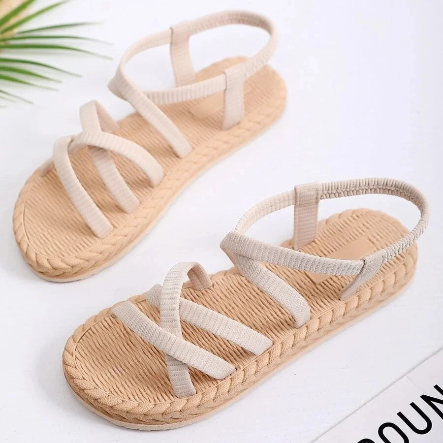 

Women's Criss Cross Fabric Open Toe Ankle Strap Sandals Fashion Summer Casual Beach Linen Flats Slides Elastic band Comfy Shoes