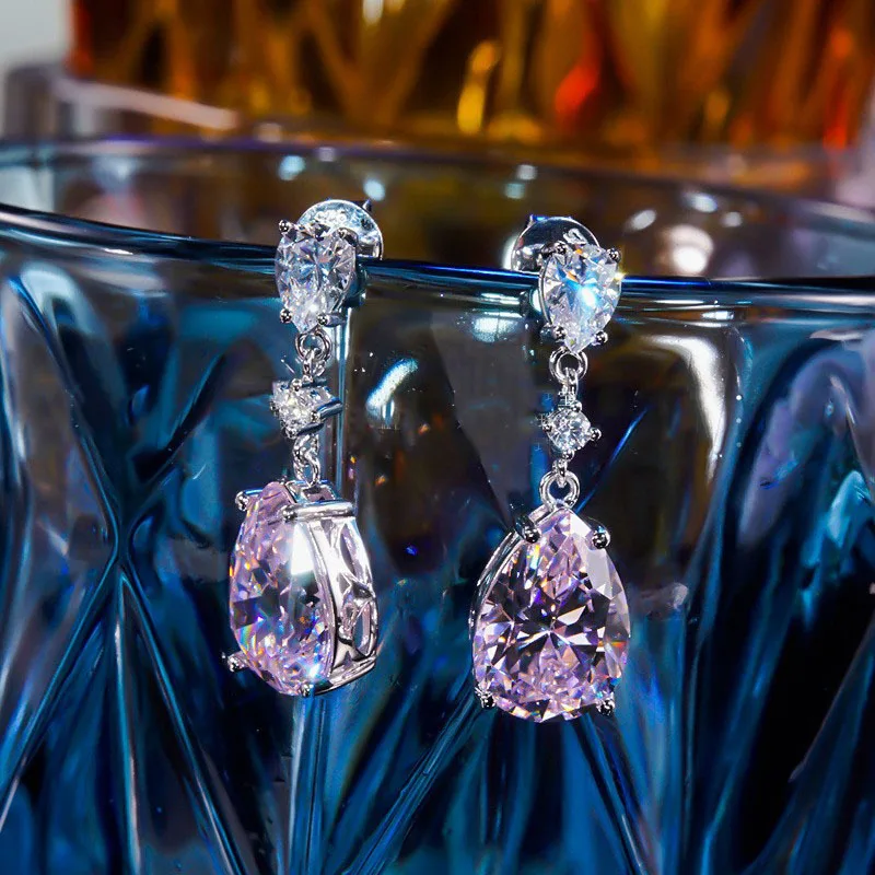 

Pink Diamond Water Drop Earrings S925 Silver Luxury Elegant Temperament Earrings Exquisite Eight Hearts Eight Arrows Imitation