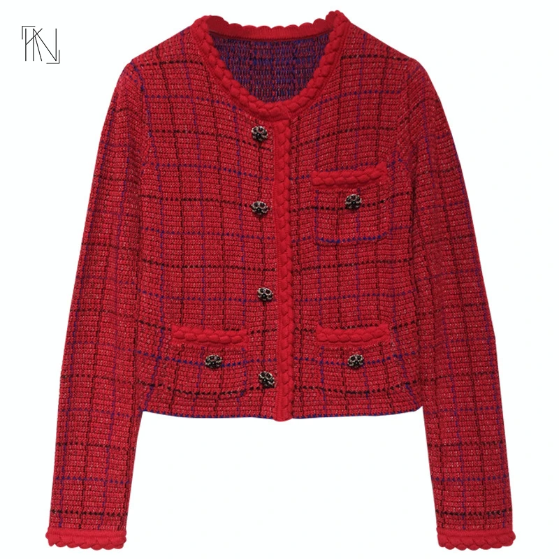 Thousand Bird Plaid Round Neck Short Knitted Cardigan 2022 Winter New Red Blended Single Breasted Long Sleeve Woolen Coat Women