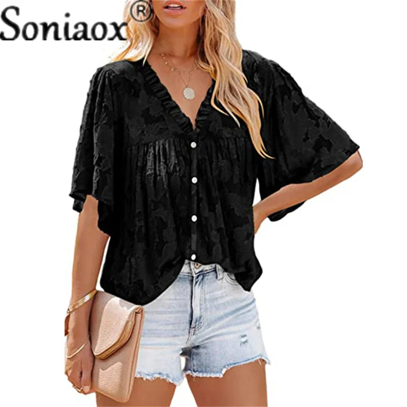 Женская шифоновая блузка с рюшами кружевная на пуговицах рукавами-фонариками
