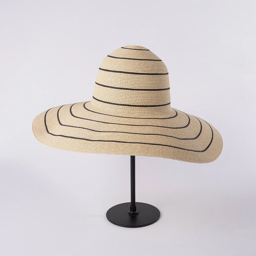 

Foldable Wide Brim Sun Beach Hats Handmade Black Striped Straw Hats Summer Wedding Church Derby Women Ladies Floppy Party Dressy