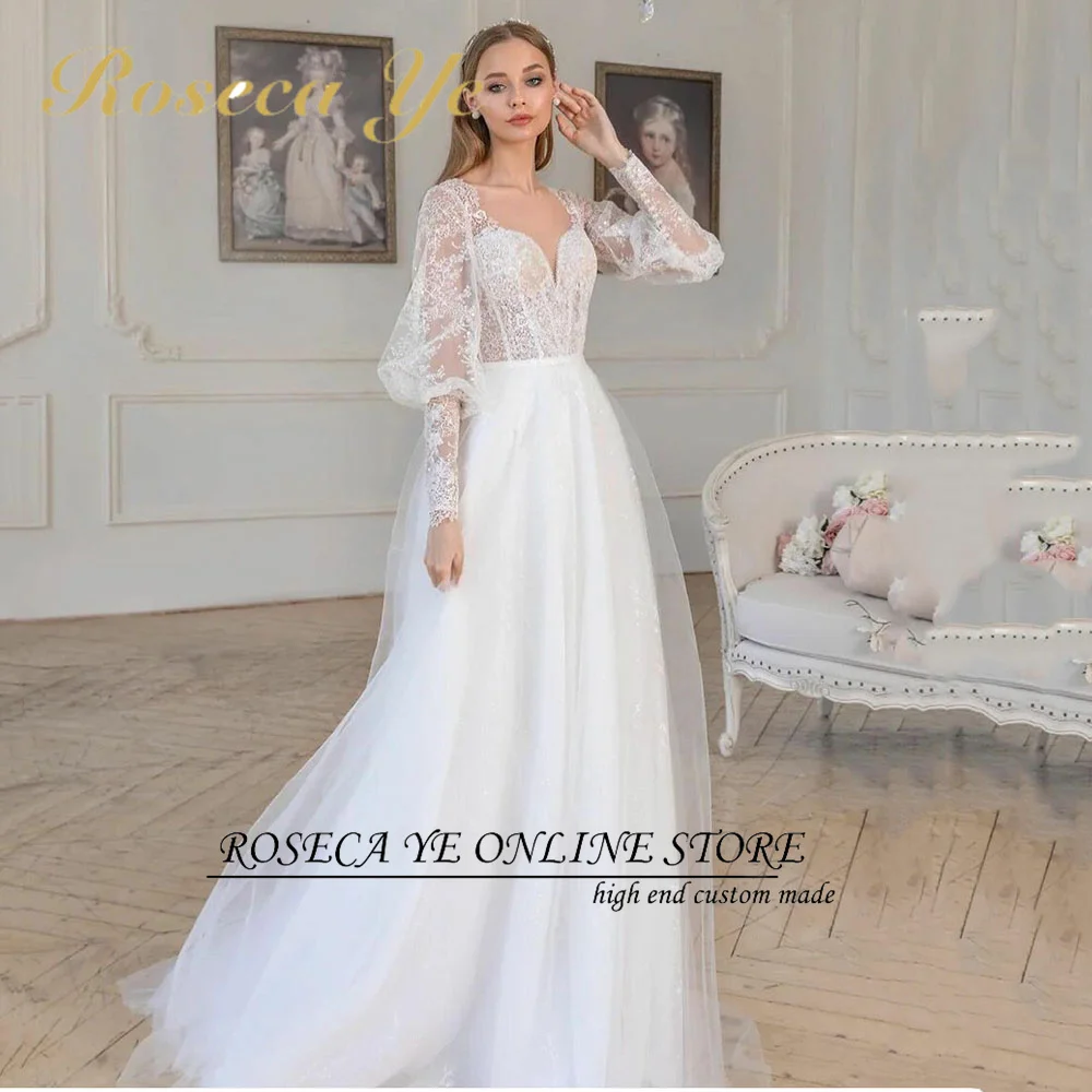 

Roseca Ye Bohemian V-neck Tulle Wedding Dress Long Puff Sleeves Lace Appliques Bridal Gown Custom Made For Women Robe De Mariage