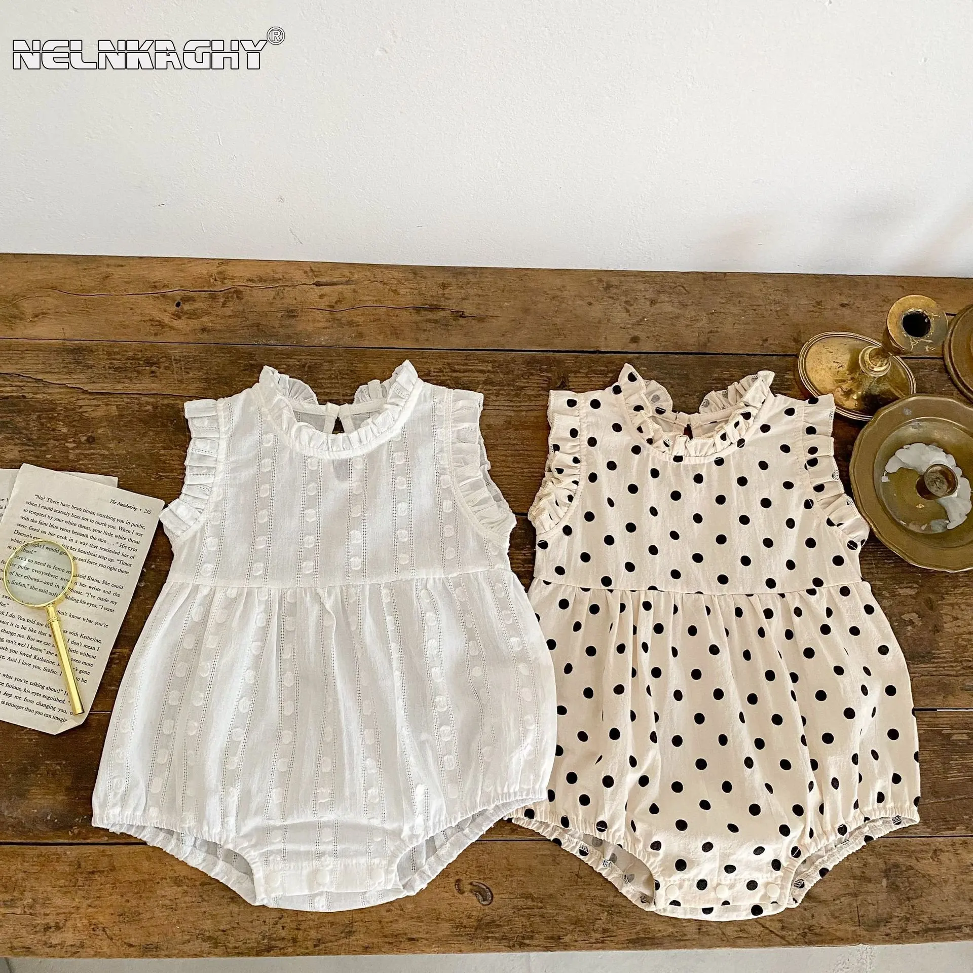 Summer Infant Newborn Girls Sleeveless Dot Ruched Pure Cotton Outfits Kids Baby Jumpsuits Princess Ventilate Bodysuits