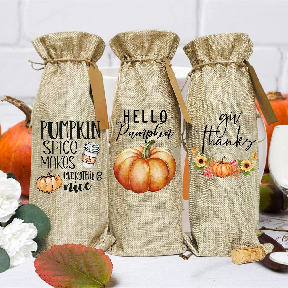 

Картина с изображением тыквы чехол для винной бутылки, украшение для домашвечерние стола на День Благодарения, сумки на шнурке, Осенние пра...