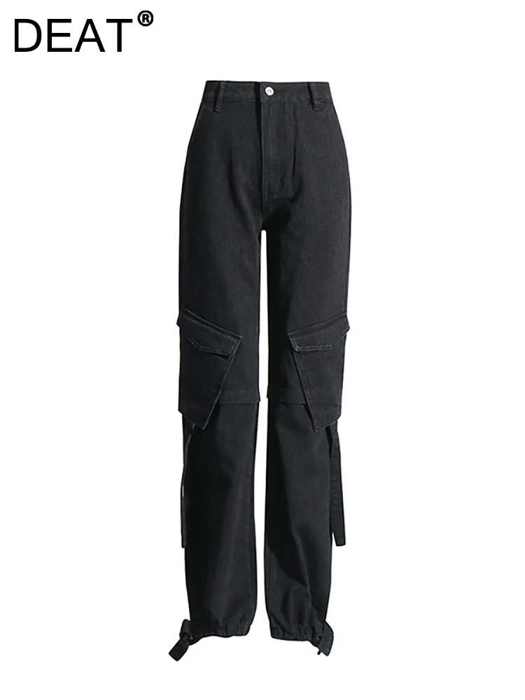 

DEAT Women's Jeans High Waist Solid Color Patchwork Pockets Loose Straight Wide Leg Denim Pants 2023 Autumn New Fashion 29L3239