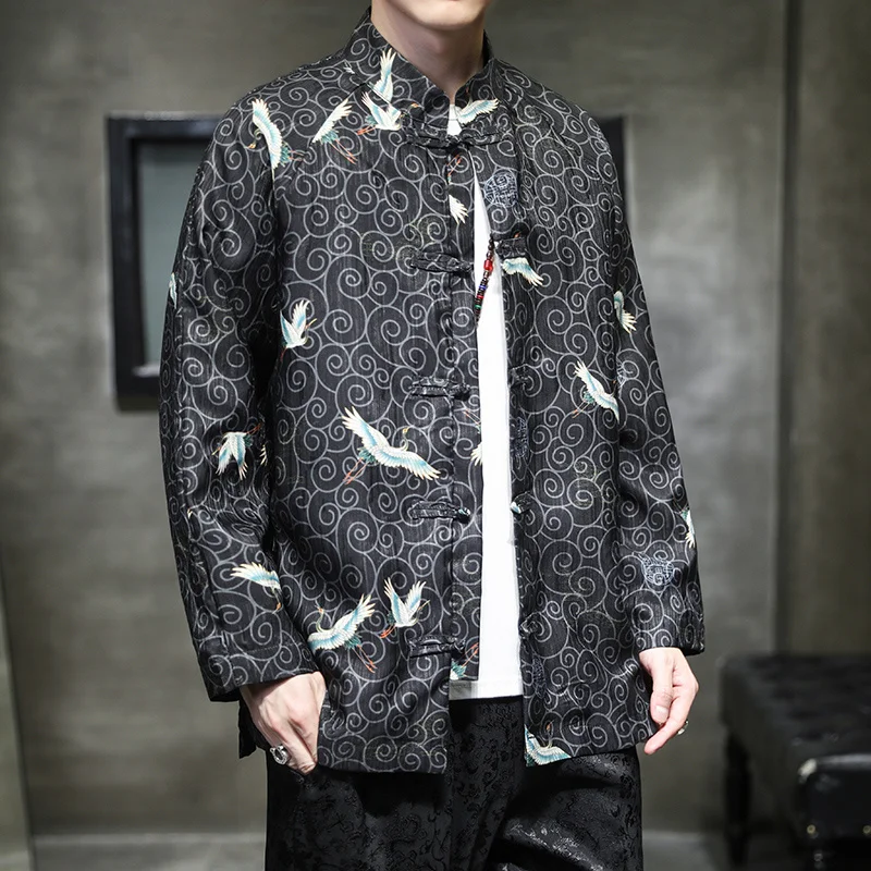 

Chinese Style Men's Coil Button Hanfu Coat Crane Printed Tang Zhongshan Suit Chinese Tunic Suit Traditional Chinese Jackets