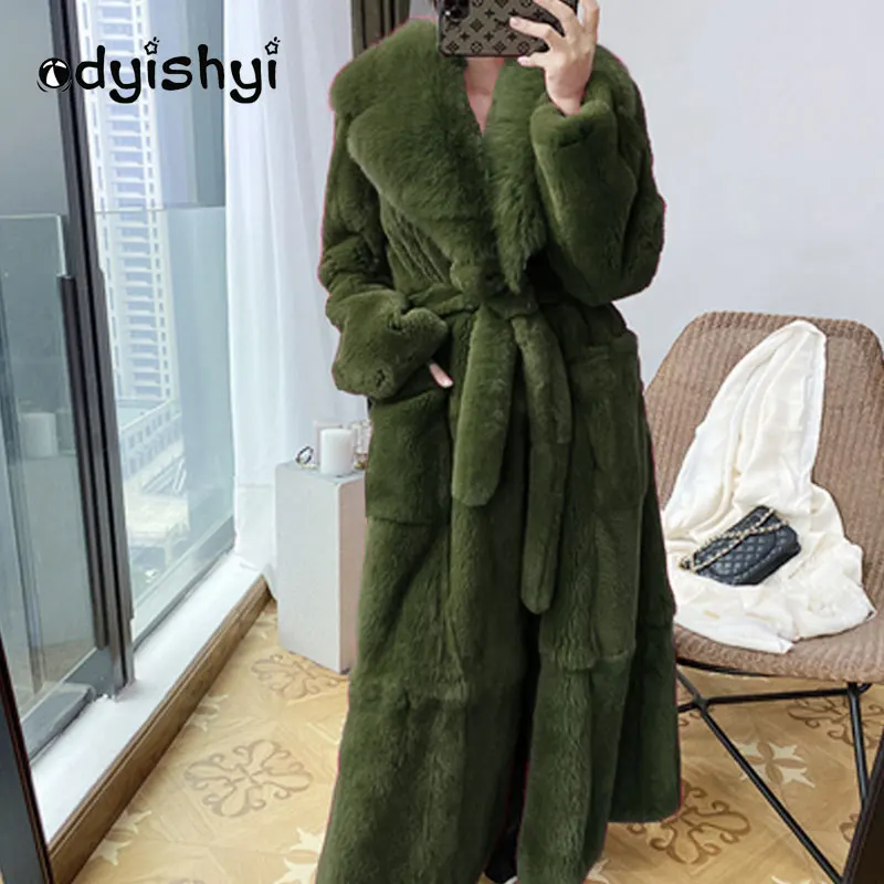 S-5XL Winter Women Faux Fur Jacket Imitation Rex Rabbit Fur Coat Large Size Loose Warm With Fur Trim X-Long Overcoat Female Y274