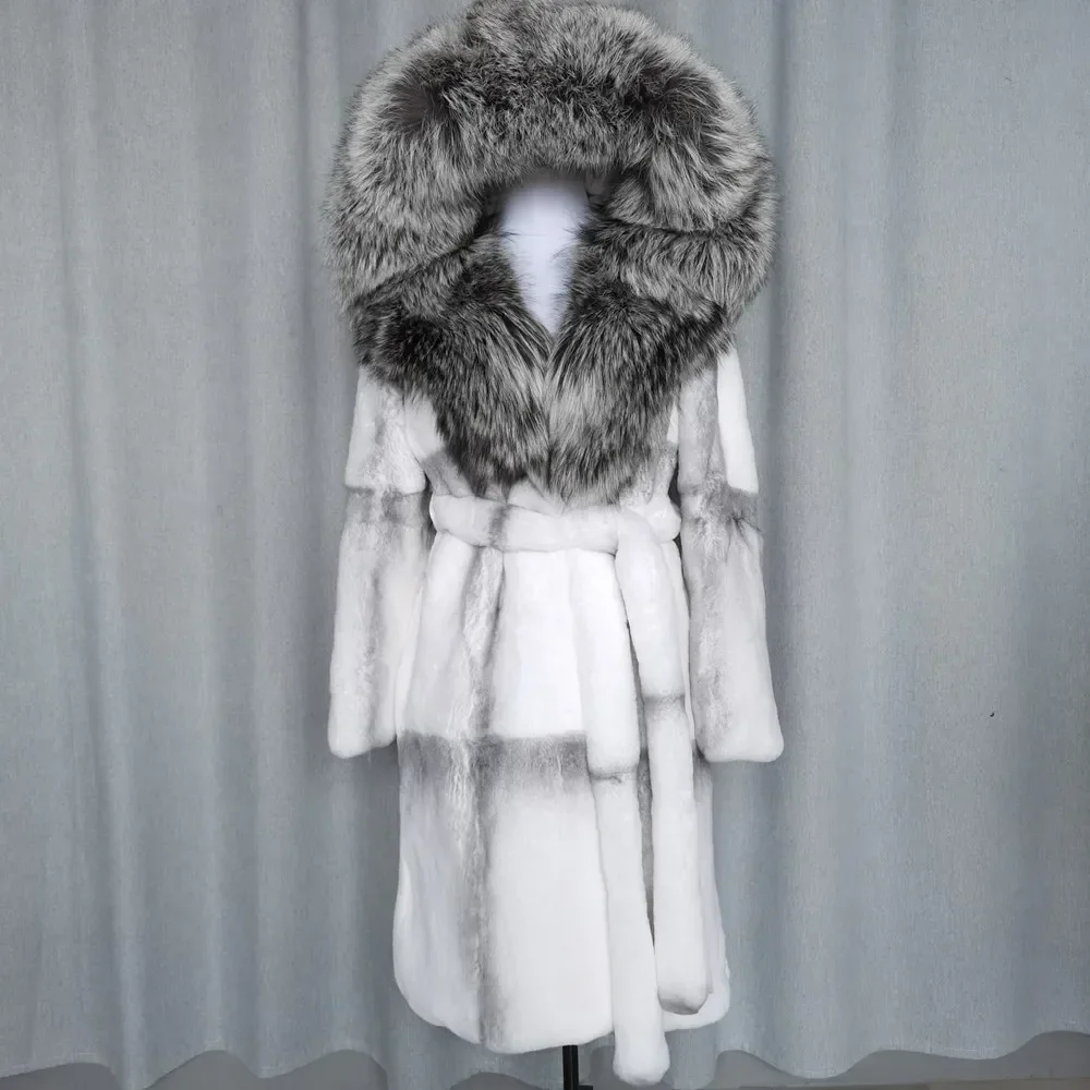 

2023 Winter Women Real Genuine Natural Rabbit Fur Coat Long Large Silver Fox Fur Collar Hooded With Cuffs Jacket Luxury Overcoat