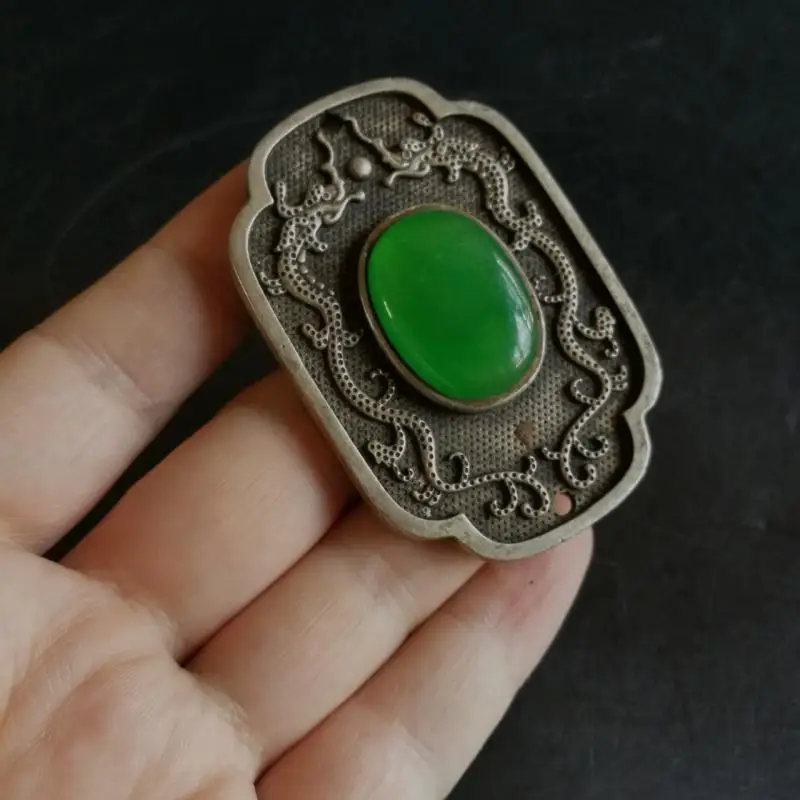 Rare Old China Silver Inlay Green Jade Gem Carved Ssangyong Pendant