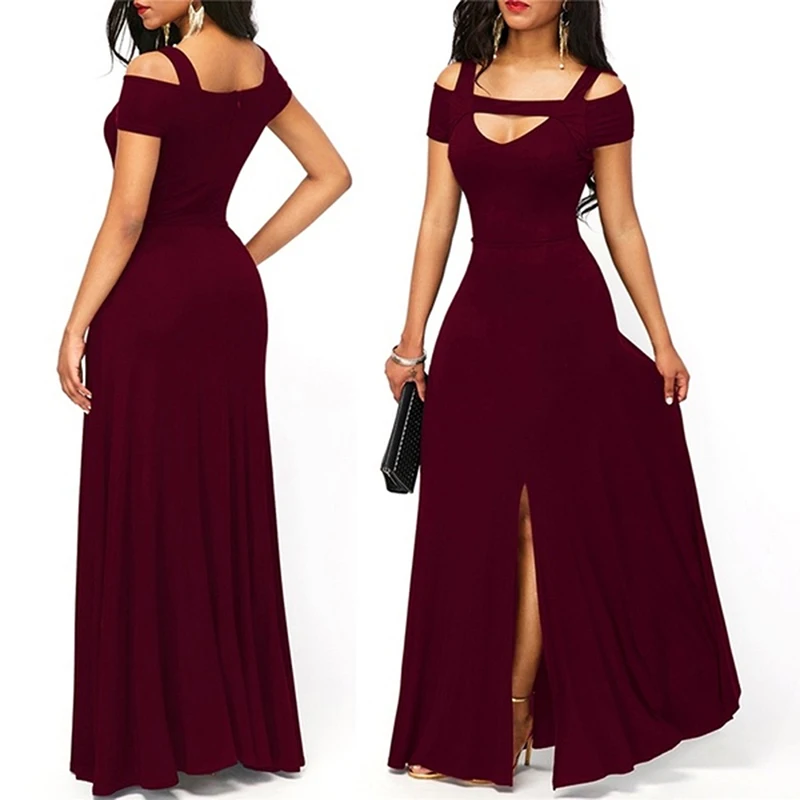 

Hot Women's Dresses Casual Long Maxi Evening Party Beach Long Dress Solid Wine Red Black Square Collar Summer Costume