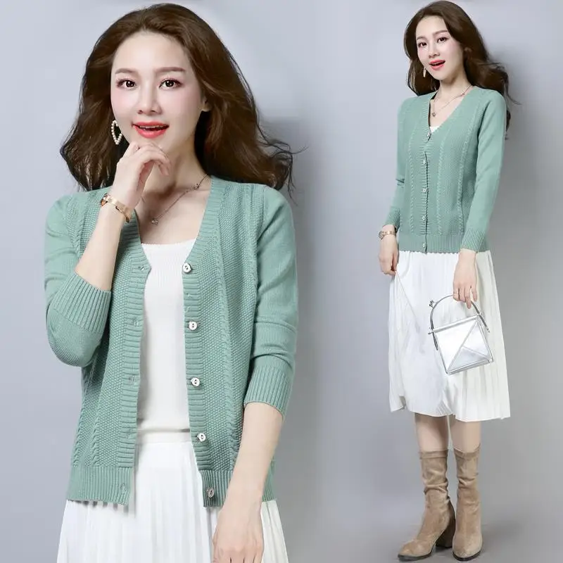 Korean Fashion Sweater Coat 2022 Spring Cardigan Women Clothing Elegant Solid Knitted Casual Tops V Neck Knitwears Pull Femme