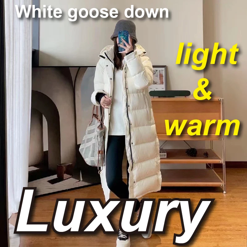High End Luxury White Goose Down Fluffy Warm Thick Hooded Medium Long Bread Jacket For Women In Autumn And Winter