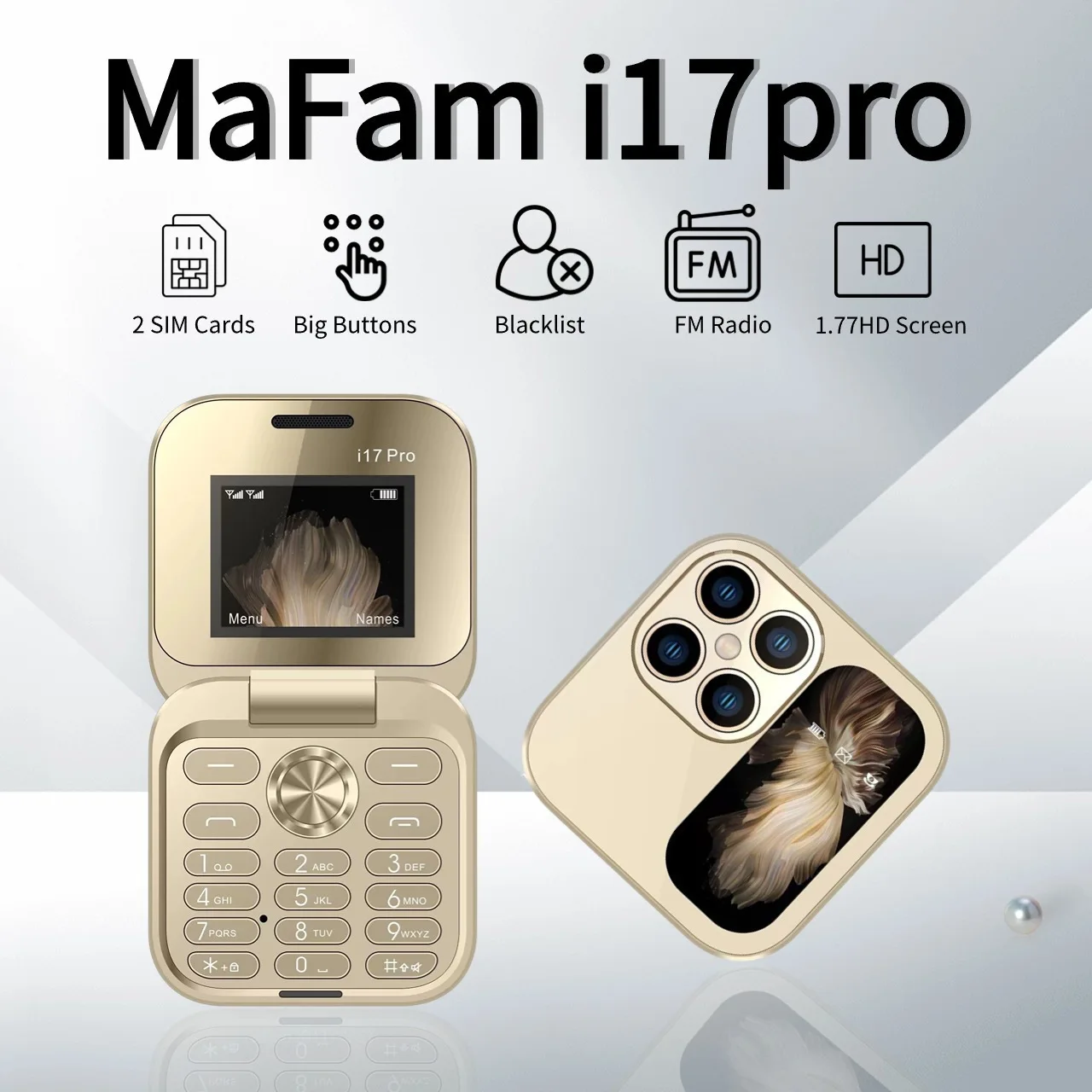 Фото Новый бестселлер I17Pro, маленький телефон без смартфона, раскладной телефон для пожилых людей, двойная карта, двойной ожидание, большой объем, большой шрифт, телефон для пожилых людей №1