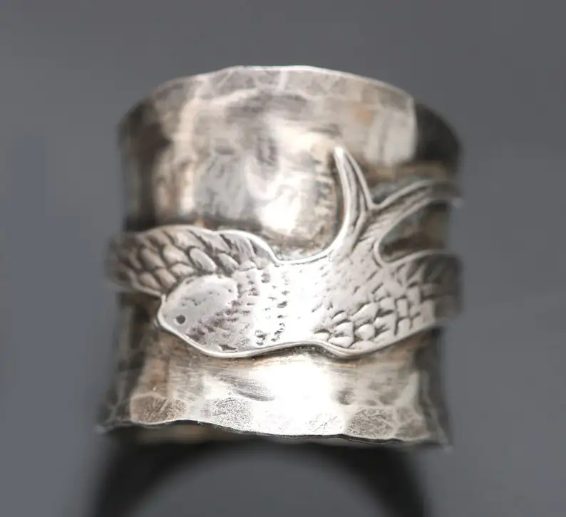 

Bird Ring Rustic Hammered Wide Band Silver Ring - Dream Chaser, Thumb Ring