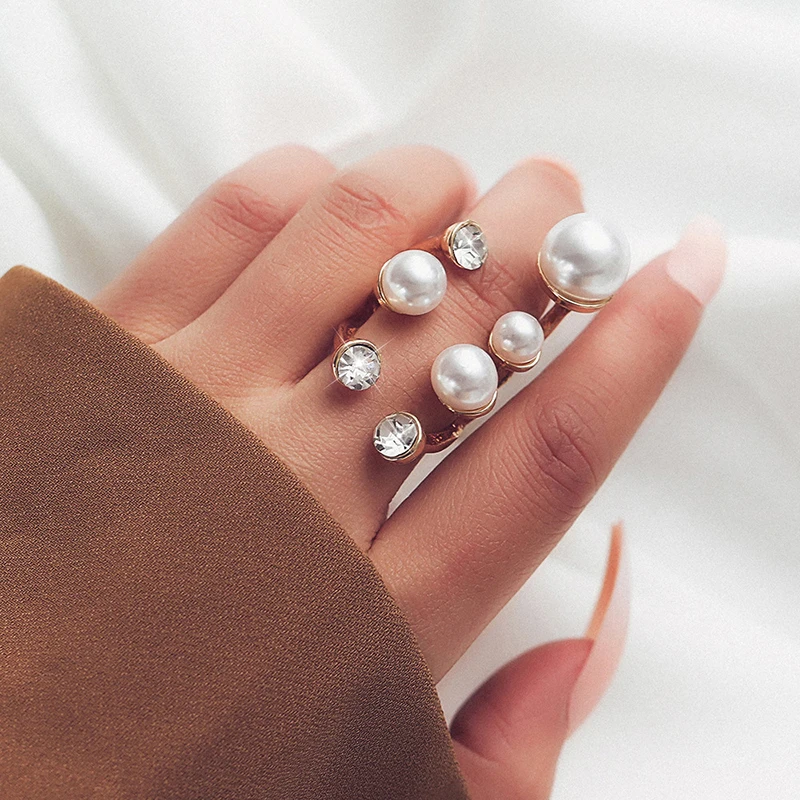 

Pearl Open Rings for Women Bling Crystal Irregular Geometric Charm Ring Wedding Engagement Fashion Fingers Jewelry