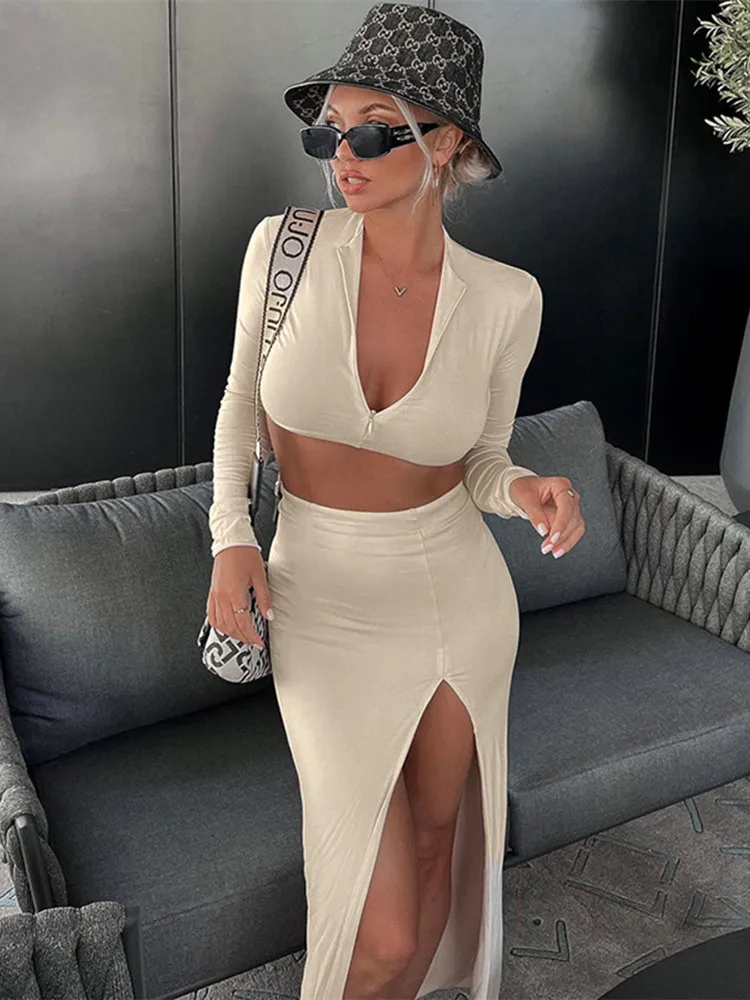 

Повседневный модный осенний комплект с платьем с длинным рукавом и разрезом, укороченный топ на молнии и юбка, комплект из двух предметов