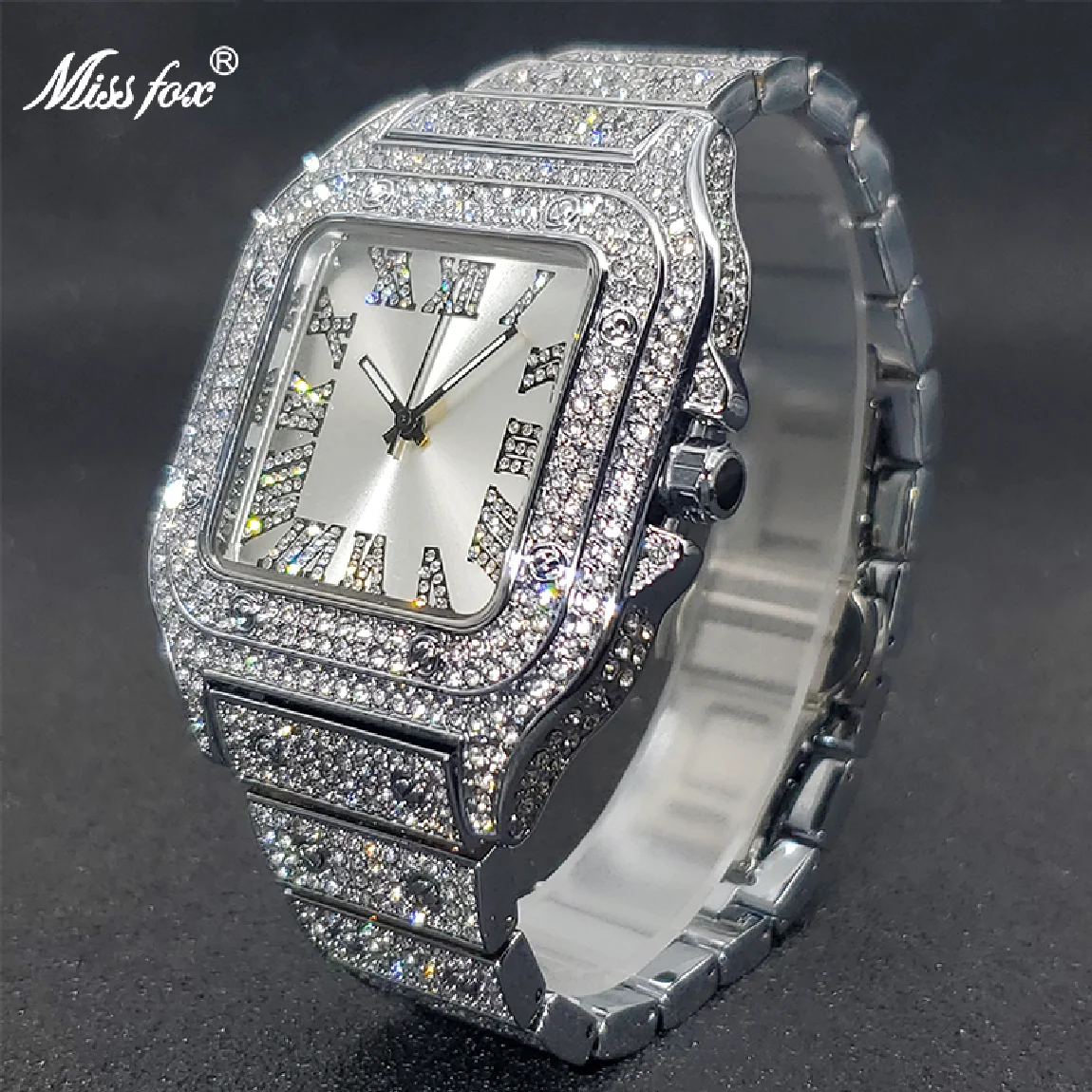 

MISSFOX Square Watches For Men Luxury Designer Diamond Watch Limitied Ice Gray Edition Quartz Wristwatches For Couple Wholesale