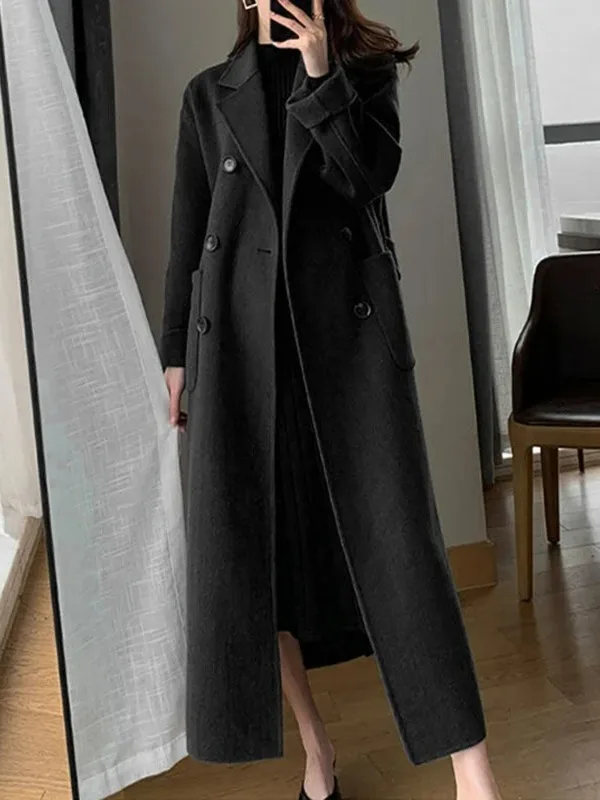 

Fashion Long Wool Coat Women Elegant Faux Wool Casual Belt Long Jacket Winter Office Lady Double Breasted Simple Outwear