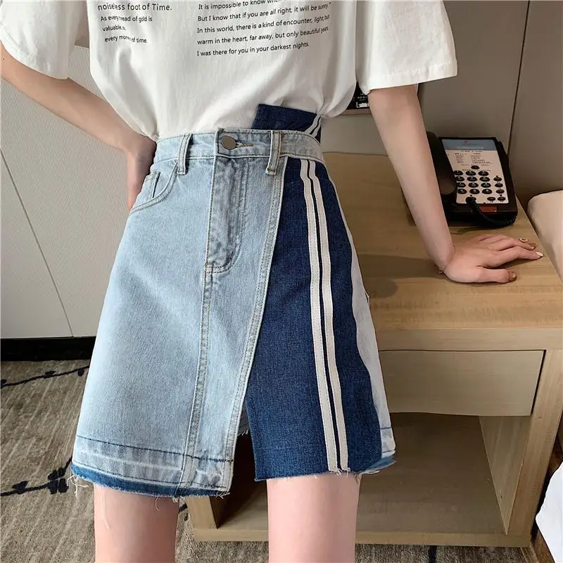 

Fashion Hotsweet Vintage Contrast Stitching Edge Grinding Mini Denim Skirt Women Clohtes Girls High Waisted Slim Jeans Skirt