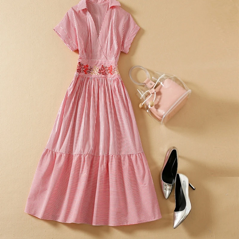 

Женское платье с вышивкой в полоску, подиумное дизайнерское праздничное платье розового цвета, элегантное офисное платье средней длины с оборками, лето