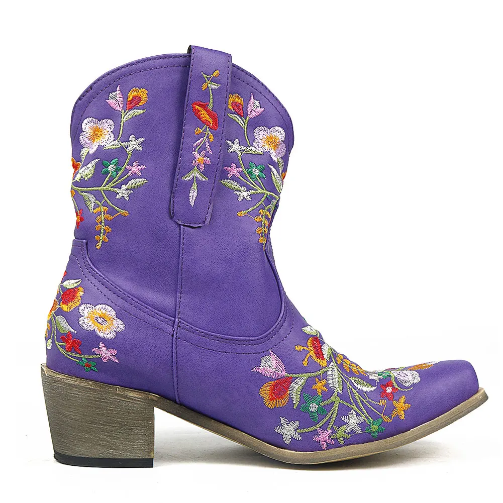 

Gnazhee Women's Purple Floral Square Heels Slip On Cute Booties Pointed Toe Western Boots Shoes