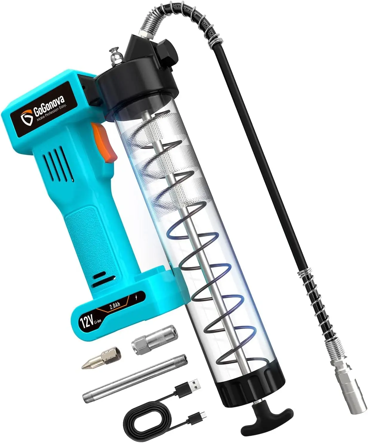 

Пистолет для смазки мощный, 10000 фунтов на кв. дюйм, беспроводной Перезаряжаемый мощный пистолет для смазки, комплект пистолета для смазки с нагрузкой 14 унций, 30 дюймовый гибкий шланг, 4