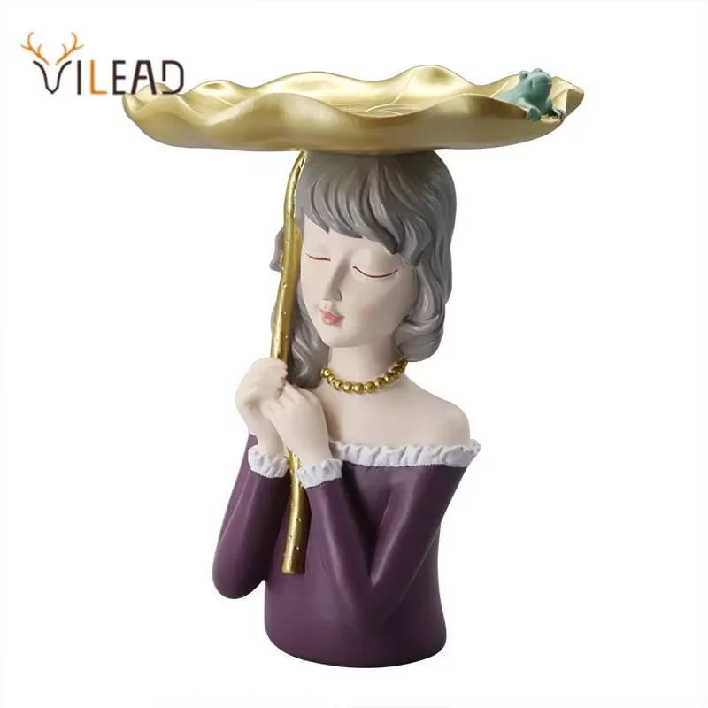 

VILEAD 24.5cm Modern Lotus Leaf Girl Figurine Storage Women Ornaments Porch Home Kid Room Bedroom Decoration New Year Gifts