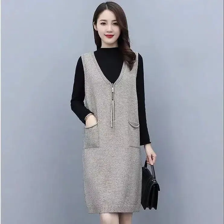

2023 New Women Spring and Autumn Casual Solid Color Zipper Sleeveless Solid Color High Waist Knitted A-line Loose Dress T490