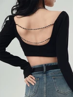 halter tshirts women solid color long sleeve shirts solid tee irregular chain spring autumn female clothing backless crop top
