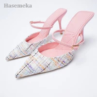 pointed toe shoes slippers women summer slides med thin heels female mule heeled mules 2022 cover high rome cotton fabr