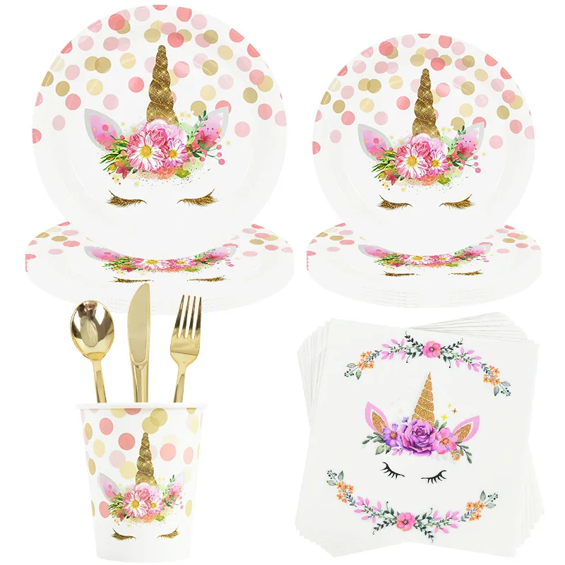 

Unicorn Party Disposable Tableware Paper Plate Cups Napkin Happy Birthday Banner For Girls Birthday Party Decoration Baby Shower