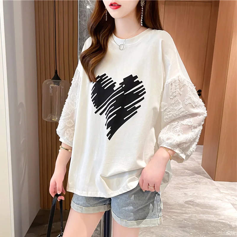 

#0659 White Printed T Shirt Women Half Sleeve Tassles Loose Tee Shirt Femme Sexy Summer Womens Tops O-neck Korean Style