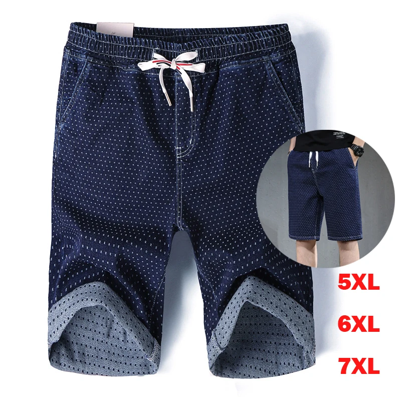 

5XL 6XL 7XL Plus Size Men's Casual Denim Shorts Dot Printed Drawstring Stretchy Jeans Short Pants Cotton Comfortable Relaxed Fit