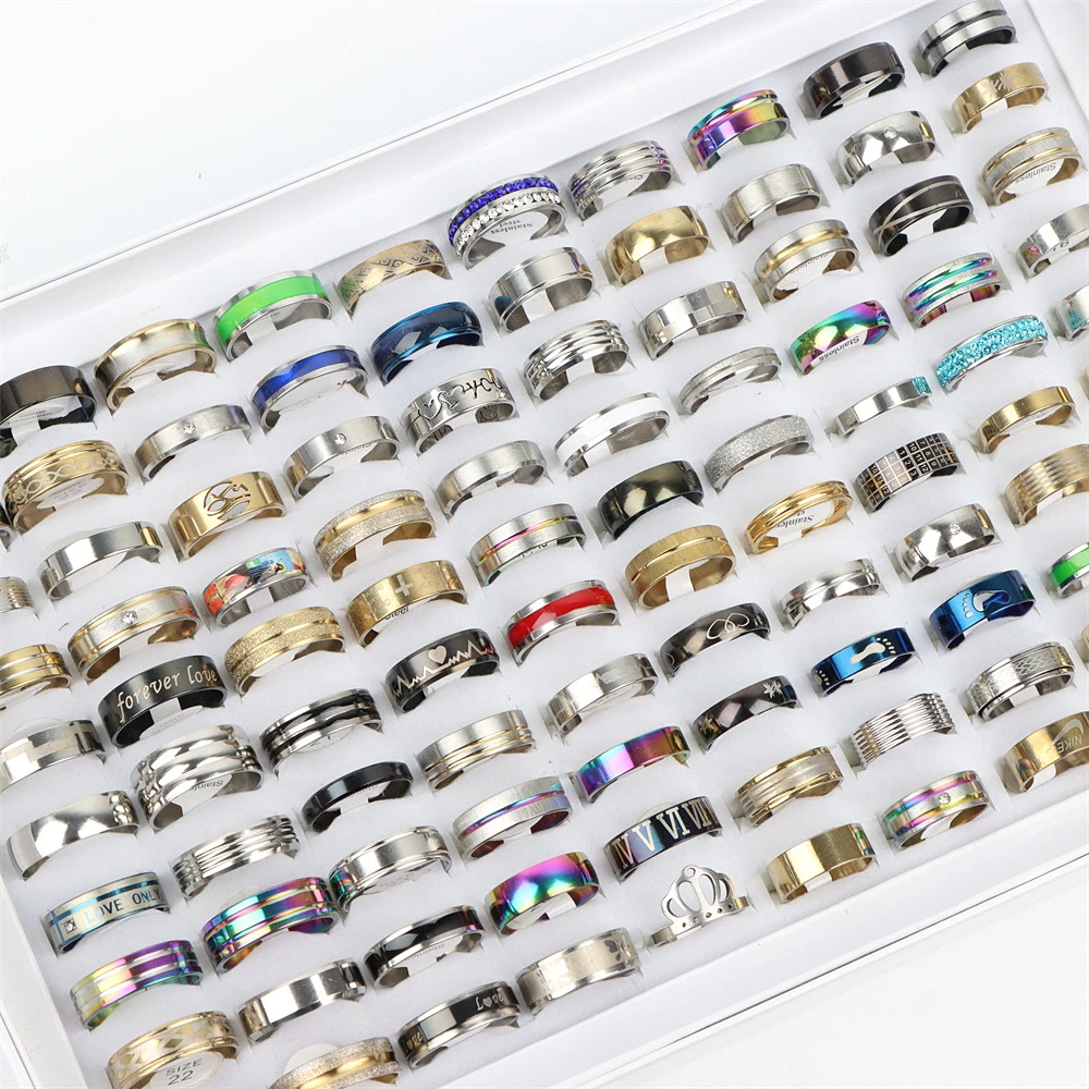 

100Pcs Mix Stainless Steel Rings For Womens Mens jewerly