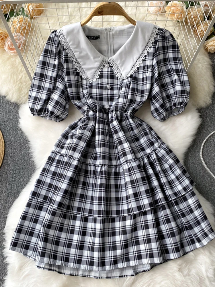 

Летнее модное Повседневное платье FMFSSOM с высокой талией, коротким рукавом, воротником Питер Пэн, однобортные платья в клетку