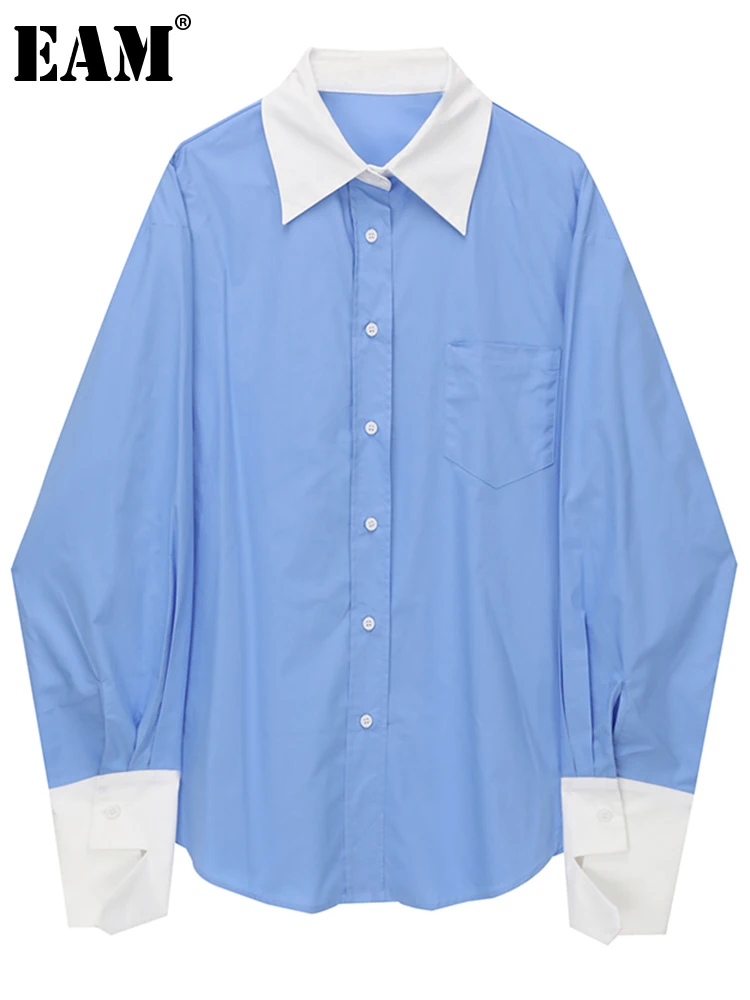 

[EAM] Women Blue Color-block Casual Big Size Blouse New Lapel Long Sleeve Loose Fit Shirt Fashion Spring Autumn 2022 1DE6744
