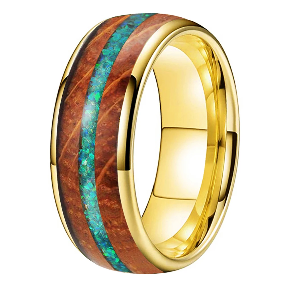 

Dropshipping TUSSTEN 8MM Nice Wedding Band Men Women New Tungsten Carbide Ring With Whisky Wood And Green Opal Inlay Comfort Fit