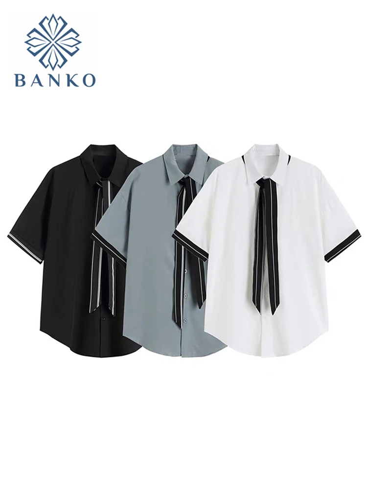 Solid Shirts Women Japanese Style With Tie Simple Streetwear BF Loose Tops Summer Fashion Preppy Style Harajuku Blouse Unisex