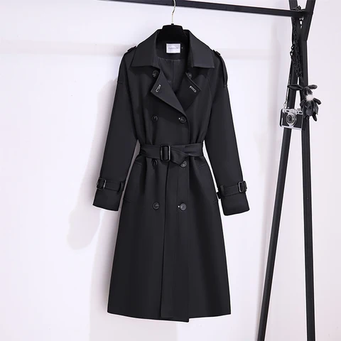 Двубортный длинный Тренч цвета хаки, винтажная Классическая приталенная ветровка, модная зимняя Корейская Повседневная Женская куртка, верхняя одежда