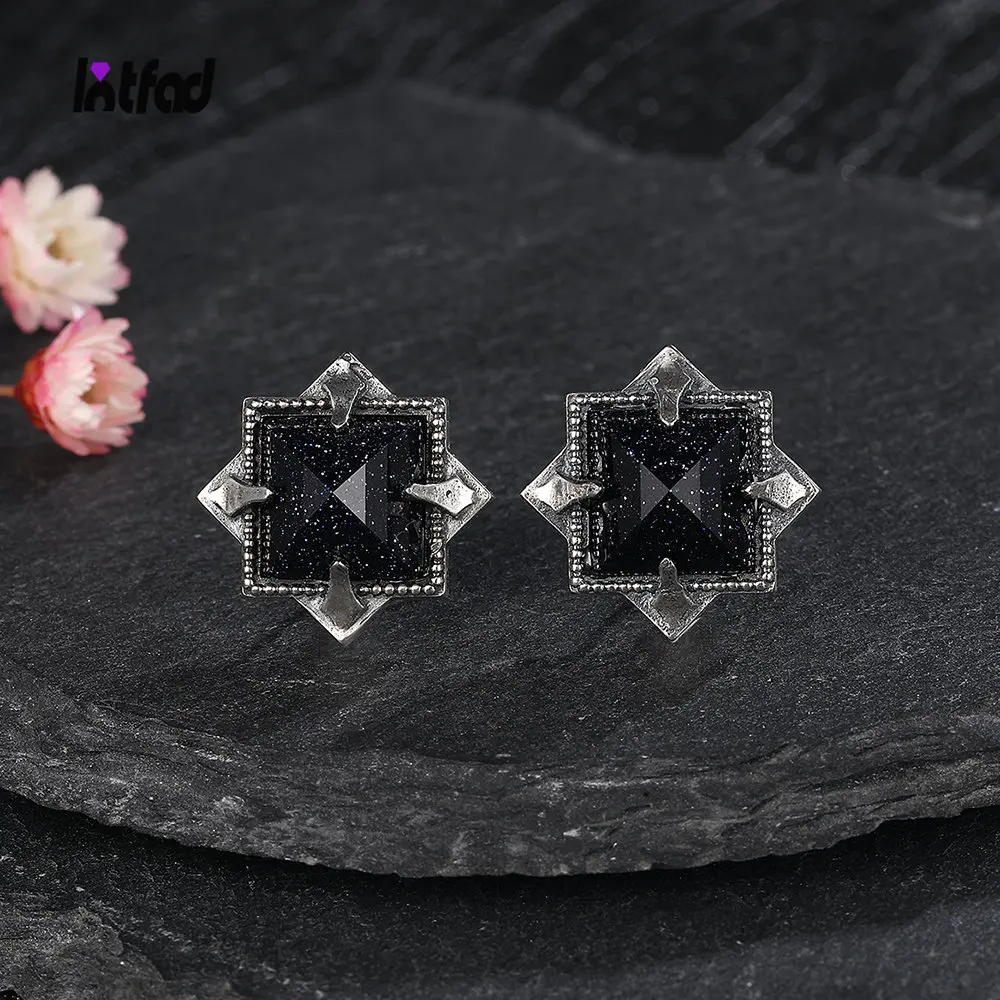 Natural Blue Sandstone Retro 925 Silver Earring Pyramid Shaped 10*10MM Square Bluesand Stub Earrings for Women